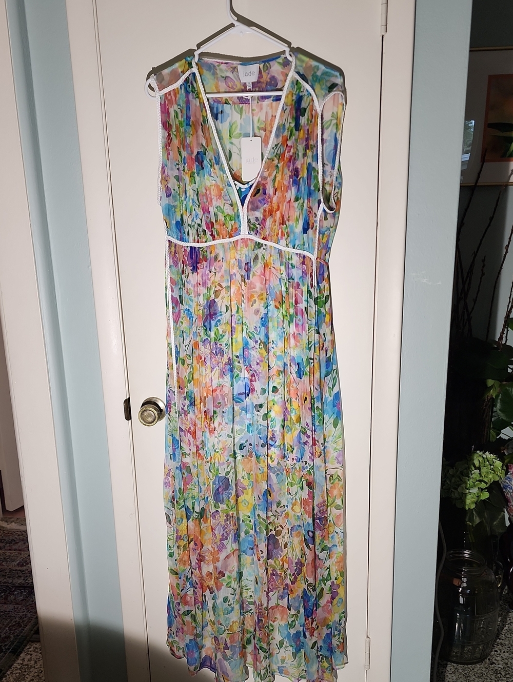 Jade By JOHNNY Was Multicolor Floral Sheer Maxi Dress with White Trim With Slip